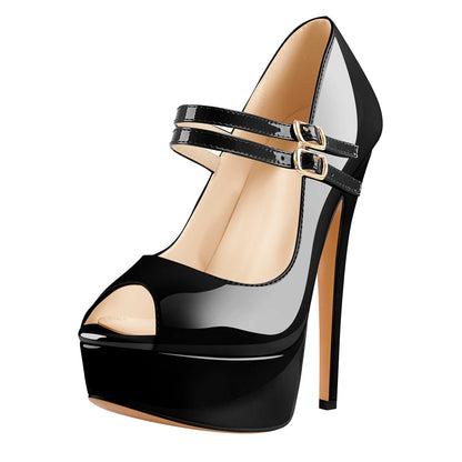 Black Peep Toe Platform Buckle Stiletto Pumps - Onlymaker Featured