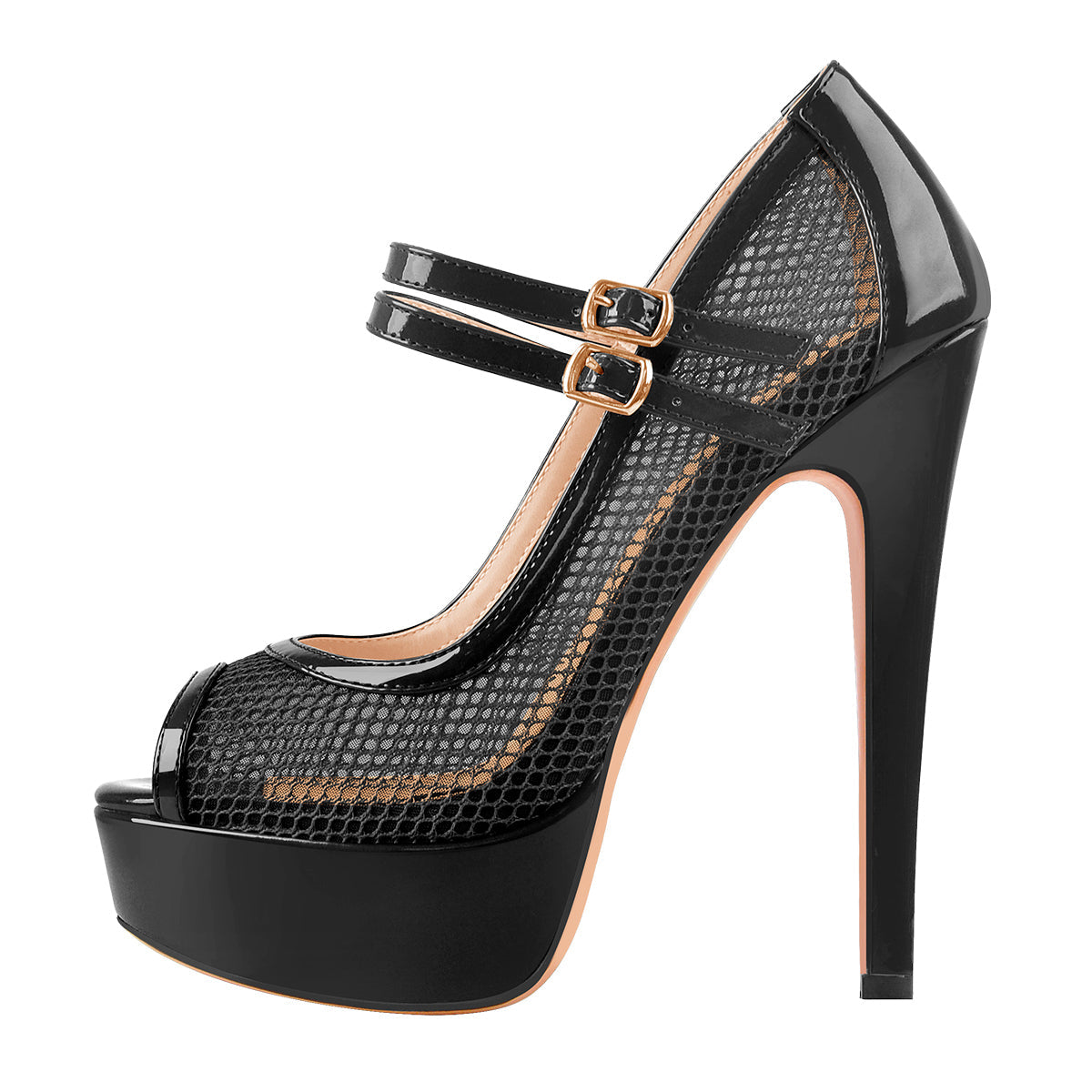Peep Toe Platform Mesh Buckle Stiletto Pumps - Onlymaker Essential