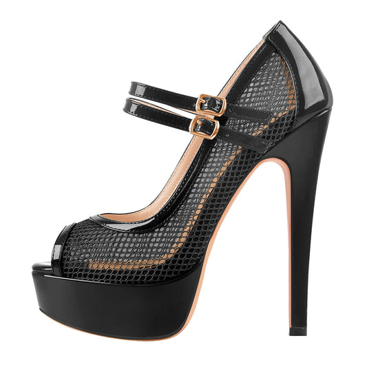 Peep Toe Platform Mesh Buckle Stiletto Pumps - Onlymaker Essential
