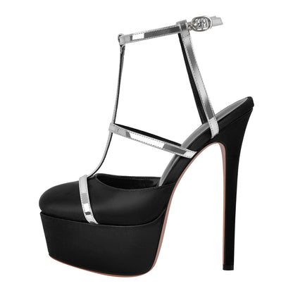 Round Toe T-Strap Platform Stiletto Pumps - Onlymaker Quality