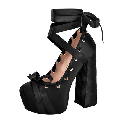 Bow Lolita Platform Lace-up Chunky Heel Pumps - Onlymaker Sale