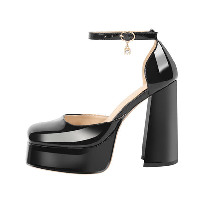 Square Toe Ankle Straps Platform Chunky Heel Pumps - Onlymaker Essential
