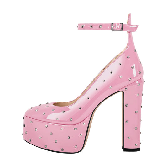 Rivet Platform Chunky Heel Ankle Strap Pumps - Onlymaker Deals