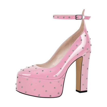 Rivet Platform Chunky Heel Ankle Strap Pumps - Onlymaker Deals