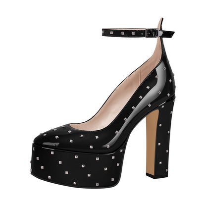Rivet Platform Chunky Heel Ankle Strap Pumps - Onlymaker Deals