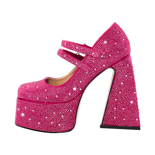 Platform Rhinestone Chunky Heel Mary Jane Pumps - Onlymaker Deals