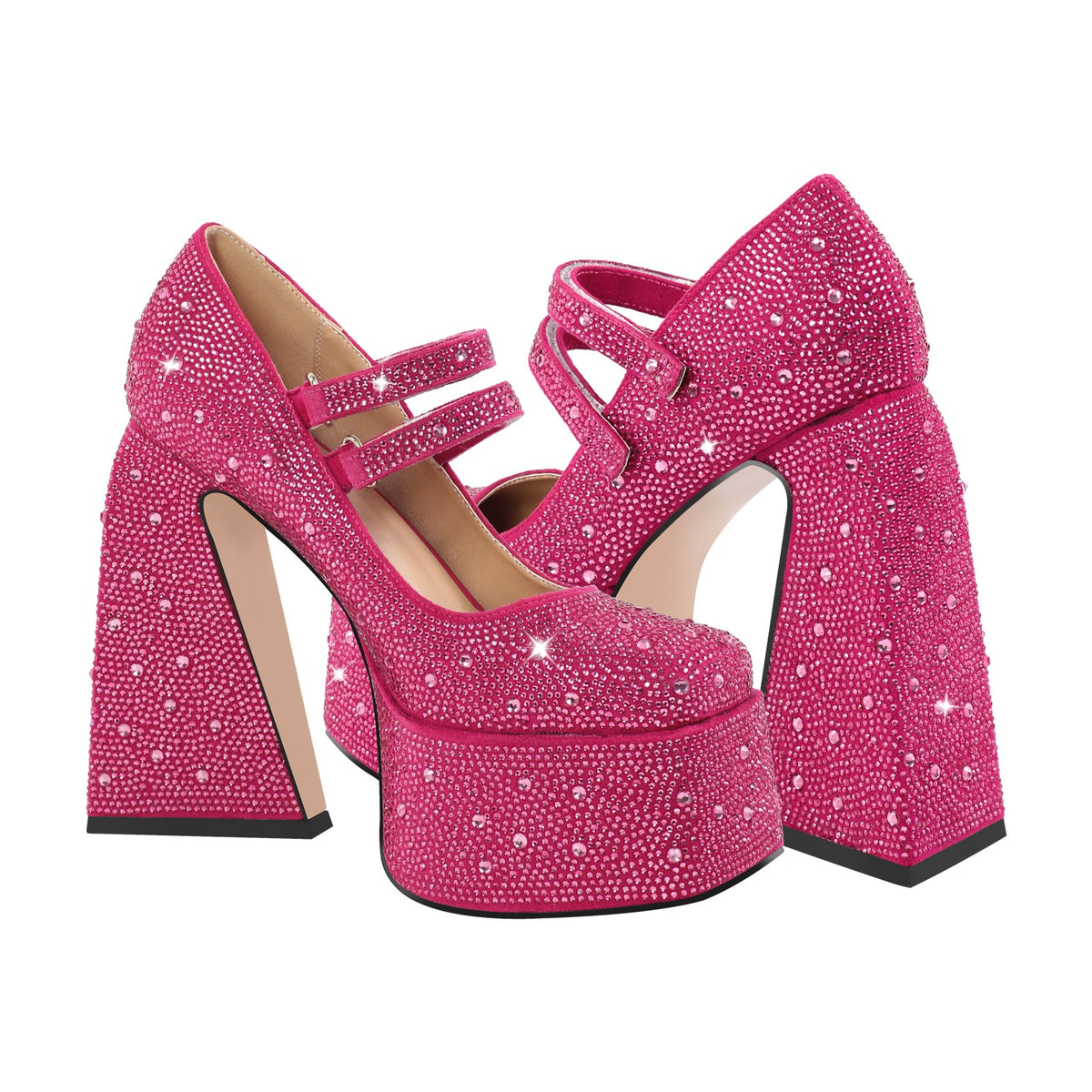 Platform Rhinestone Chunky Heel Mary Jane Pumps - Onlymaker Deals