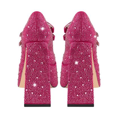 Platform Rhinestone Chunky Heel Mary Jane Pumps - Onlymaker Deals