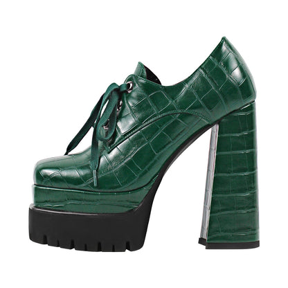 Double Platform Leather Patterned Lace Up Pumps - Onlymaker Value