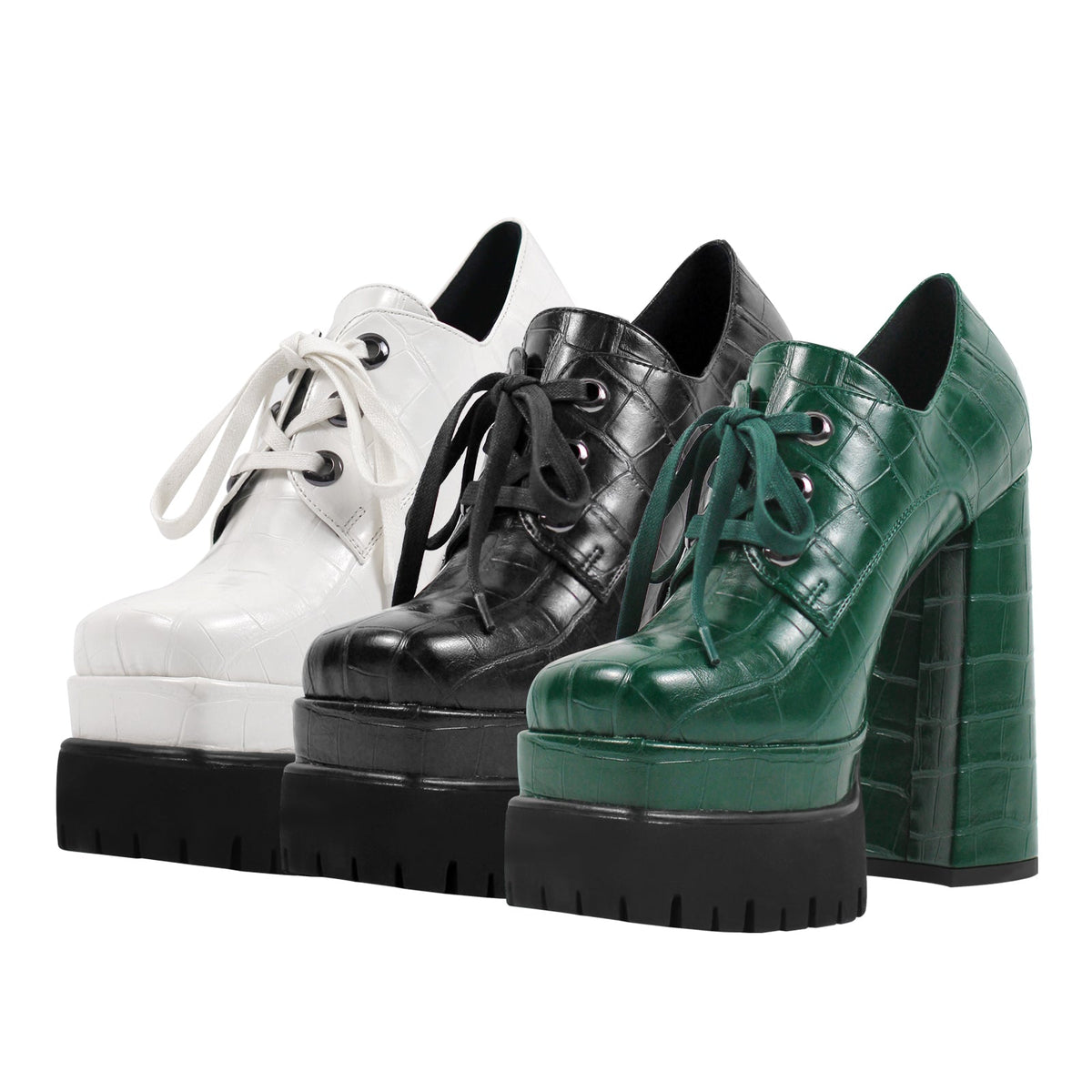 Double Platform Leather Patterned Lace Up Pumps - Onlymaker Value