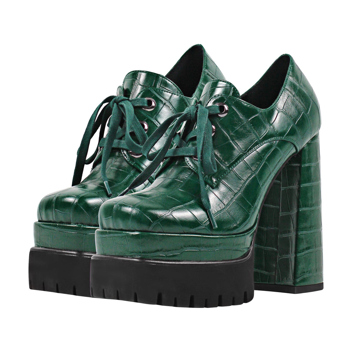 Double Platform Leather Patterned Lace Up Pumps - Onlymaker Value