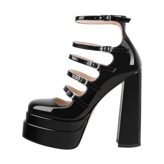 Double Platform Square Toe Chunky Heel Pumps - Onlymaker New