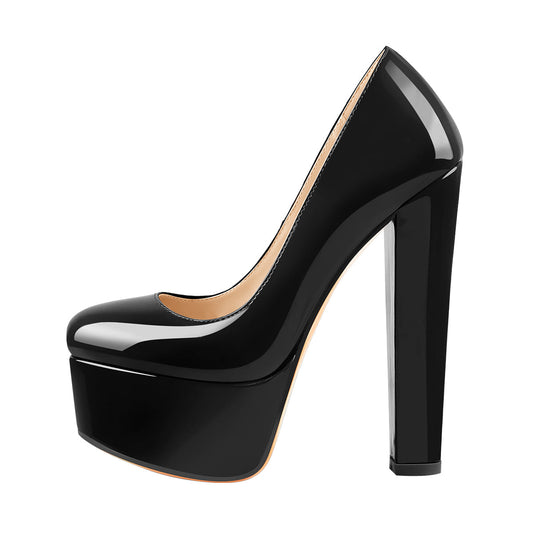Onlymaker Pumps Black Patent Leather Platform Chunky High Heels - Onlymaker Top Pick