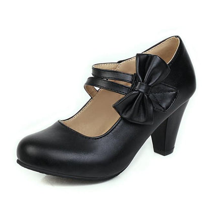Bow Round Toe Mary Jane Chunky Heel Pumps - Onlymaker Recommended