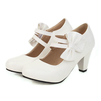 Bow Round Toe Mary Jane Chunky Heel Pumps - Onlymaker Recommended