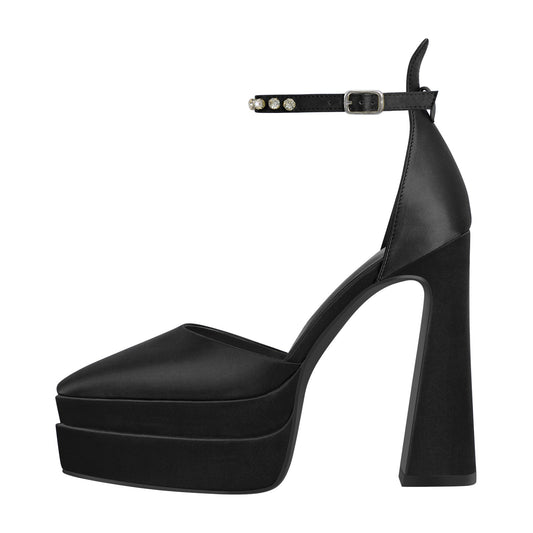 Double Platform Pointed Toe Chunky Heel Pumps - Onlymaker Popular