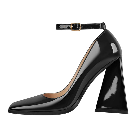 Patent Leather Ankle Strap Chunky High Heel Pumps - Onlymaker Signature