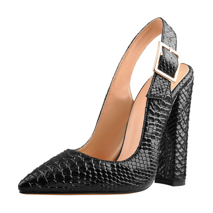 Slingback Pointed Toe Fish Scale Chunky Heel Pumps - Onlymaker Trending
