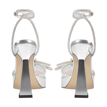 Pointed Toe Platform Rhinestone Bow Block Heel Pumps - Onlymaker Essential