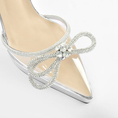 Pointed Toe Platform Rhinestone Bow Block Heel Pumps - Onlymaker Essential