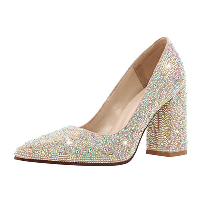 Rhinestone Pointed Toe Chunky Heel Pumps - Onlymaker Everyday