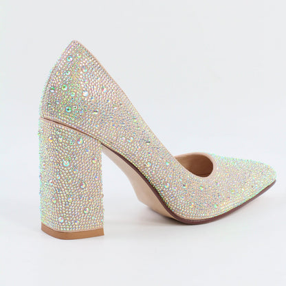 Rhinestone Pointed Toe Chunky Heel Pumps - Onlymaker Everyday