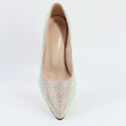 Rhinestone Pointed Toe Chunky Heel Pumps - Onlymaker Everyday