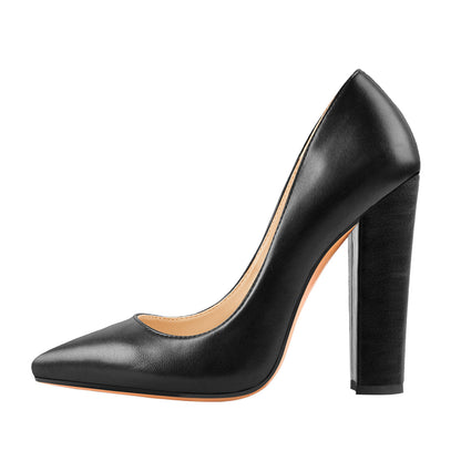 Matte Black Elegant Classic Pointed Toe Pumps Chunky Heels - Onlymaker Classic