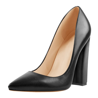 Matte Black Elegant Classic Pointed Toe Pumps Chunky Heels - Onlymaker Classic