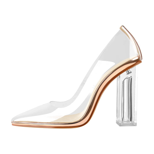 Clear Pointed Toe Block High Heel Pumps - Onlymaker Value
