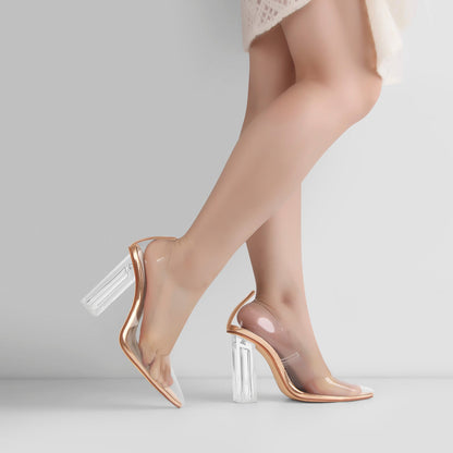 Clear Pointed Toe Block High Heel Pumps - Onlymaker Value