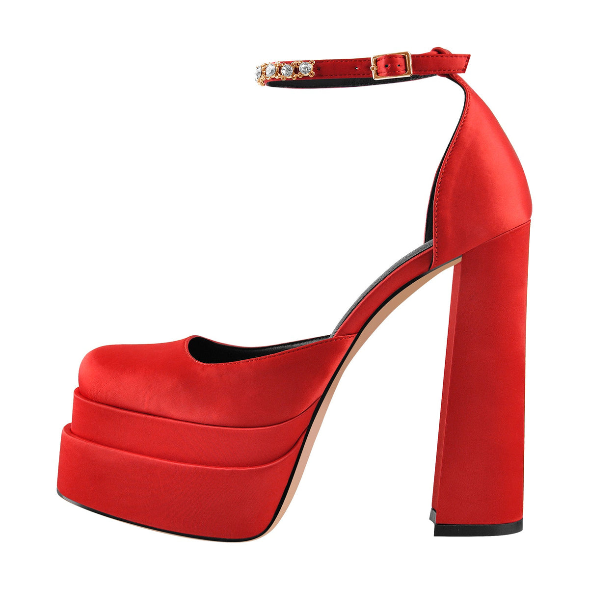 Red Rhinestone Double Platform Chunky Heel Pumps - Onlymaker Smart Buy
