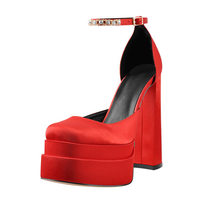 Red Rhinestone Double Platform Chunky Heel Pumps - Onlymaker Smart Buy