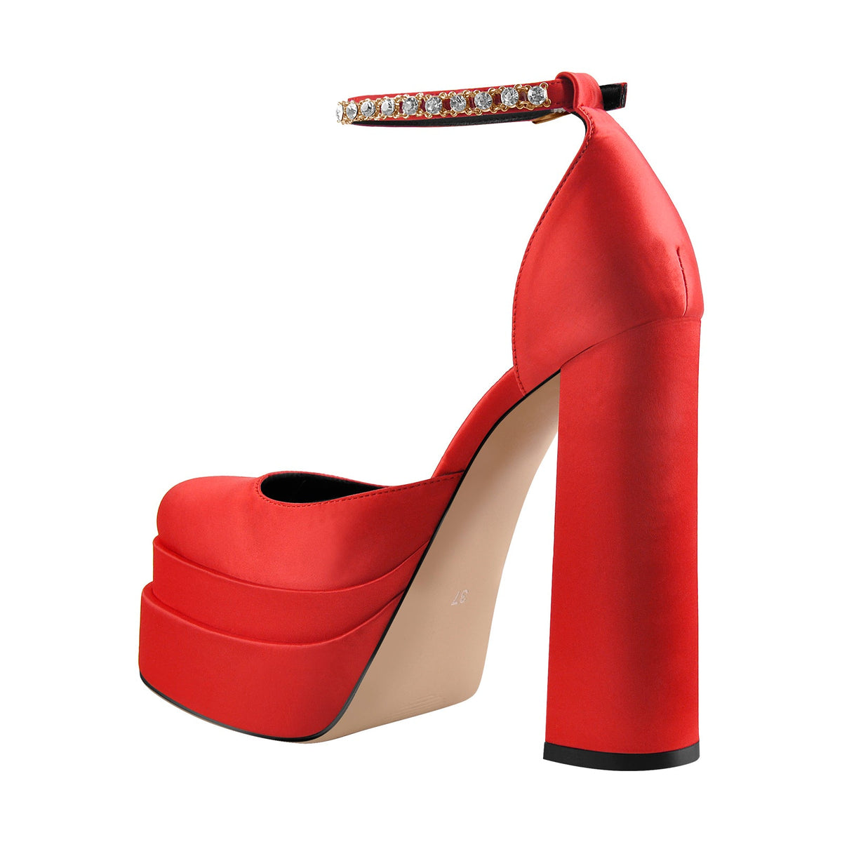 Red Rhinestone Double Platform Chunky Heel Pumps - Onlymaker Smart Buy