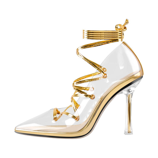 Pointed Toe Lace-Up Transparent Stilettos Pumps - Onlymaker Value