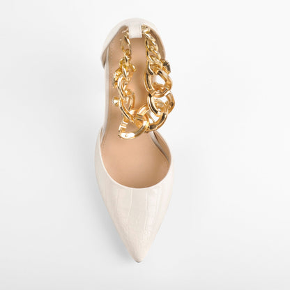 Stone White Pointed Toe Metal Chain Clear Stiletto Pumps - Onlymaker Best Seller