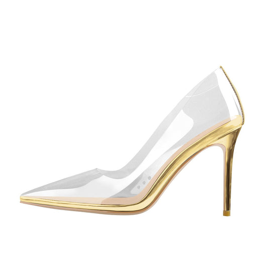 Transparent Pointed Toe Slip on Gold High Heel Stiletto Pumps - Onlymaker Recommended