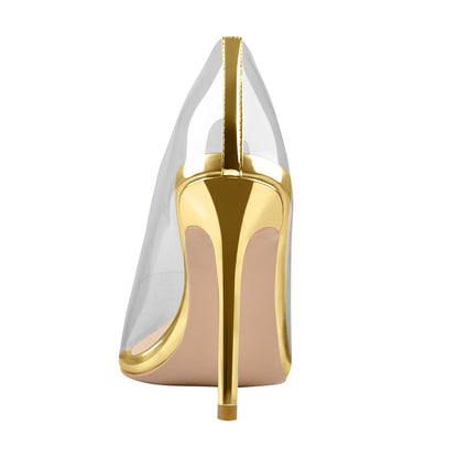 Transparent Pointed Toe Slip on Gold High Heel Stiletto Pumps - Onlymaker Recommended