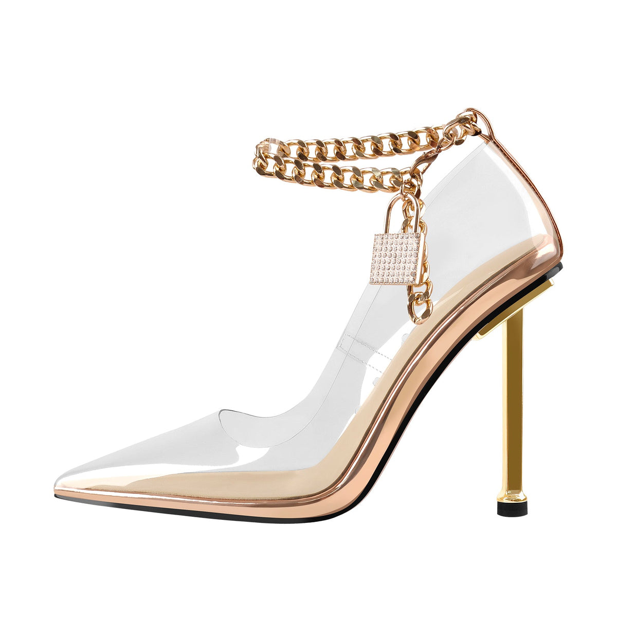 Clear Pointed Toe Metal Chain Lock High Metal Heels Stiletto Pumps - Onlymaker Top Pick
