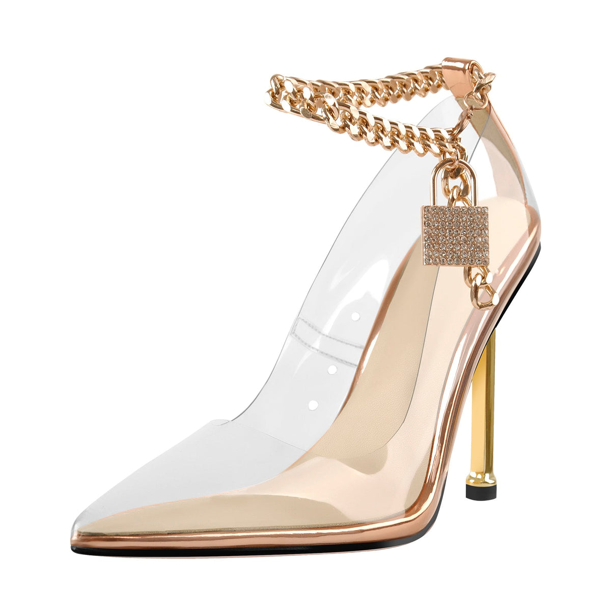 Clear Pointed Toe Metal Chain Lock High Metal Heels Stiletto Pumps - Onlymaker Top Pick