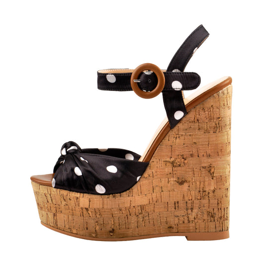 Polka Dot Open Toe Wood Heel Wedge Sandals - Onlymaker Essential