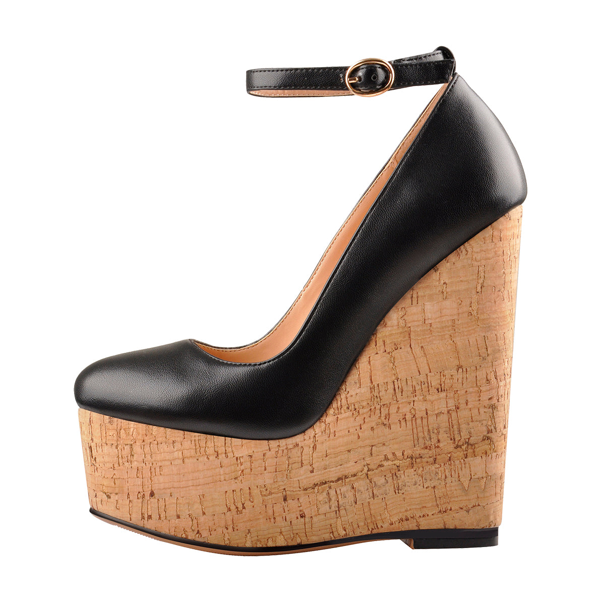 Wood Grain Platform Wedges Round Toe Buckle Strap Pumps - Onlymaker Quality