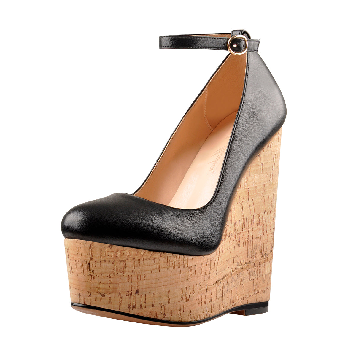 Wood Grain Platform Wedges Round Toe Buckle Strap Pumps - Onlymaker Quality
