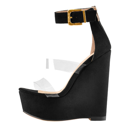 Suede Platform Transparent Strap Wedge Sandals - Onlymaker Essential
