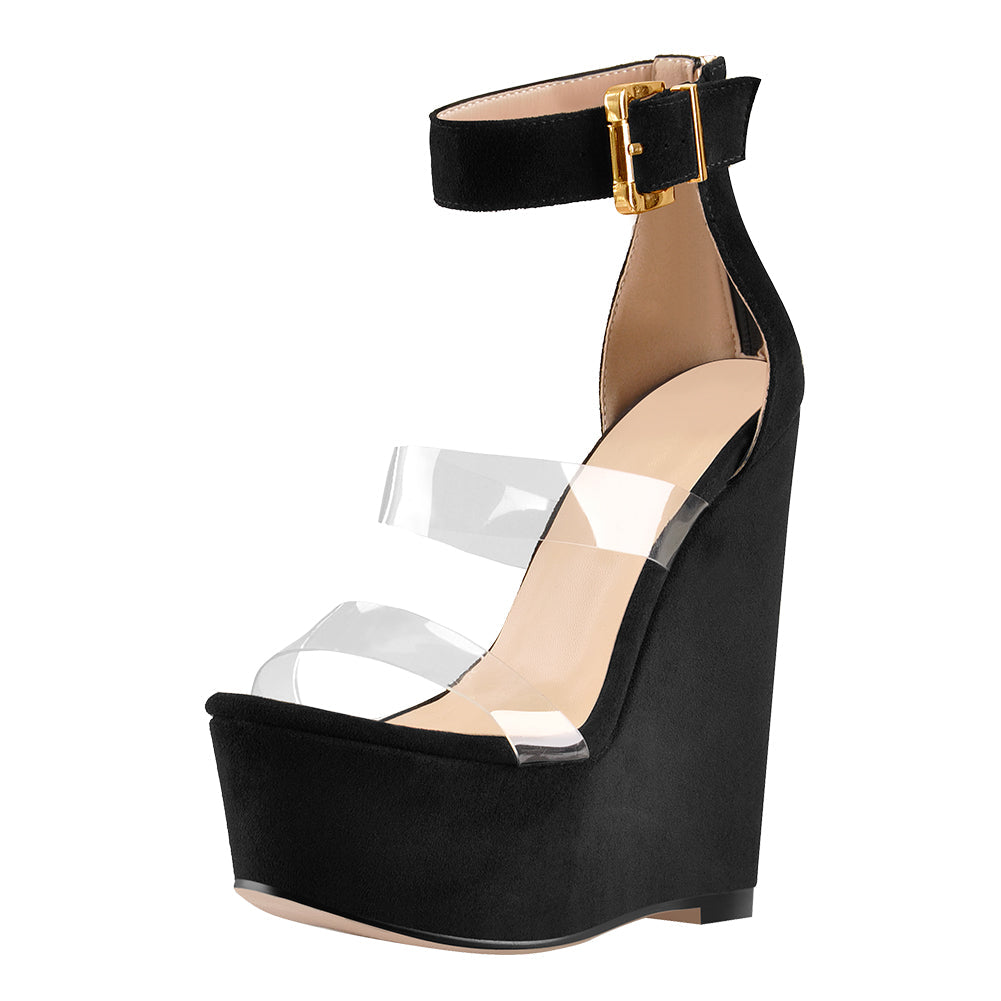 Suede Platform Transparent Strap Wedge Sandals - Onlymaker Essential