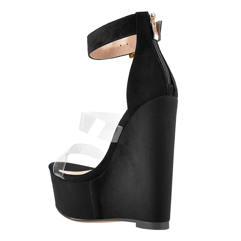 Suede Platform Transparent Strap Wedge Sandals - Onlymaker Essential