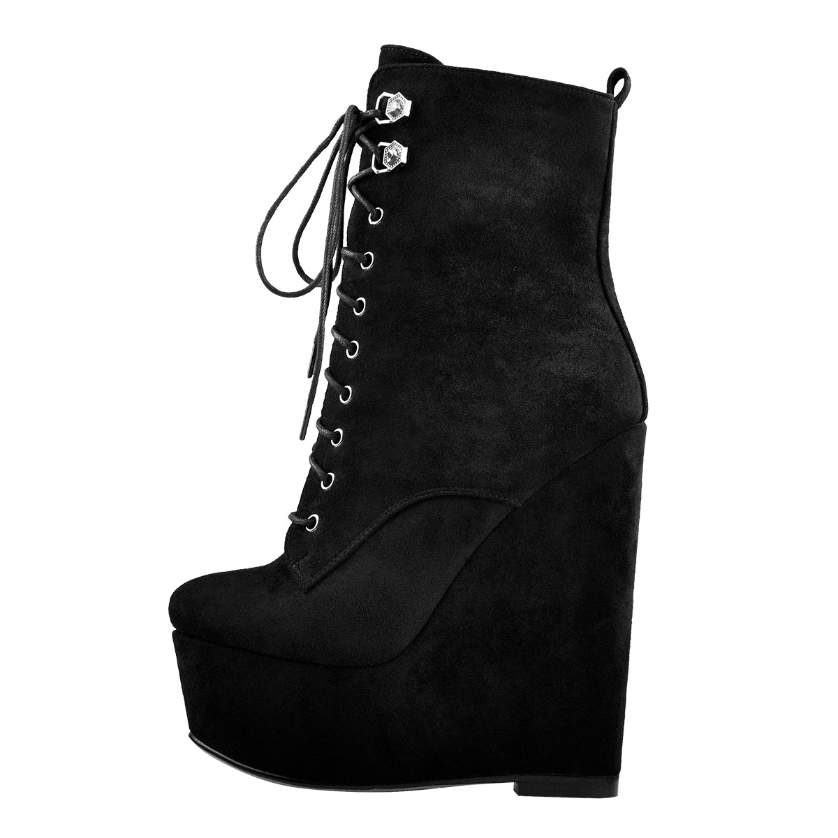 Black Suede Lace Up Platform Wedges Ankle Boots - Onlymaker Customer Favorite