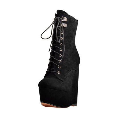 Black Suede Lace Up Platform Wedges Ankle Boots - Onlymaker Customer Favorite