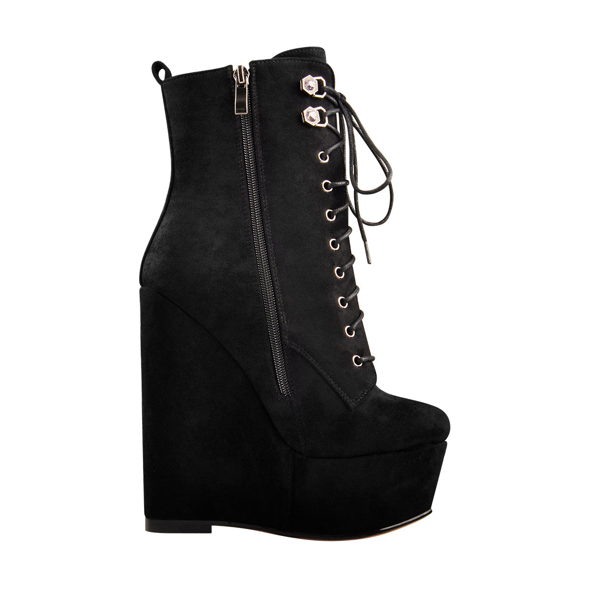 Black Suede Lace Up Platform Wedges Ankle Boots - Onlymaker Customer Favorite
