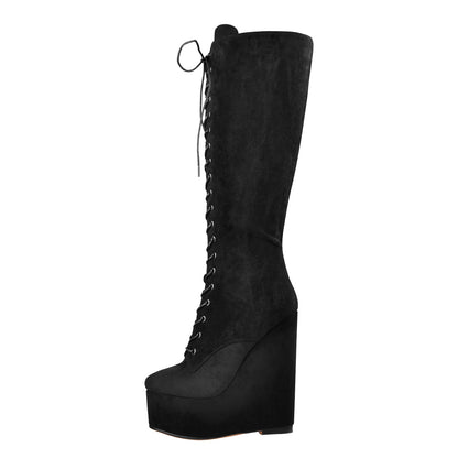 Suede Round Toe Wedge Heel Lace Up Zip Knee High Boots - Onlymaker Trusted